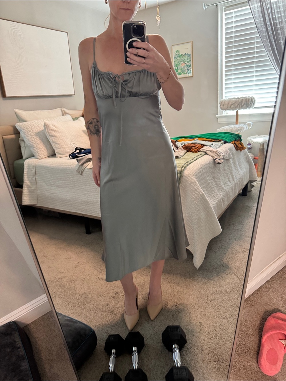 Forever 21 Sage Green Midi Slip Dress with Tie Front